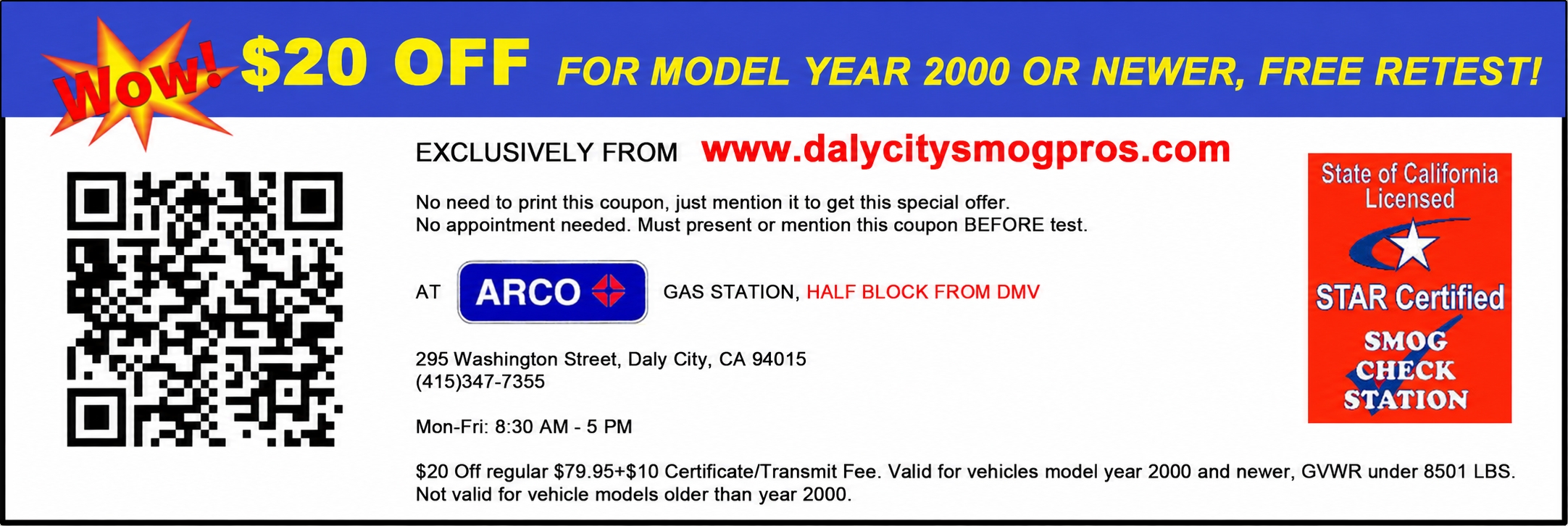 Arco daly city smog test flyer $20 off coupon